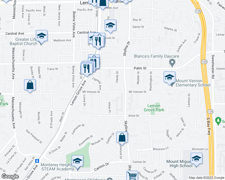 map of restaurants, bars, coffee shops, grocery stores, and more near 7902 Mount Vernon Street in Lemon Grove