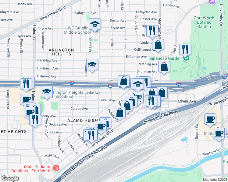map of restaurants, bars, coffee shops, grocery stores, and more near 4001 Locke Avenue in Fort Worth