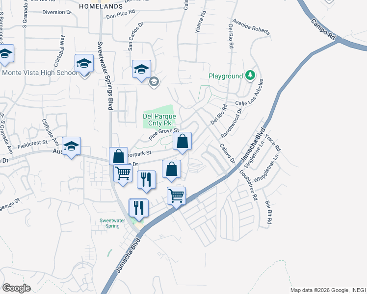 map of restaurants, bars, coffee shops, grocery stores, and more near 10497 Moorpark Street in Spring Valley