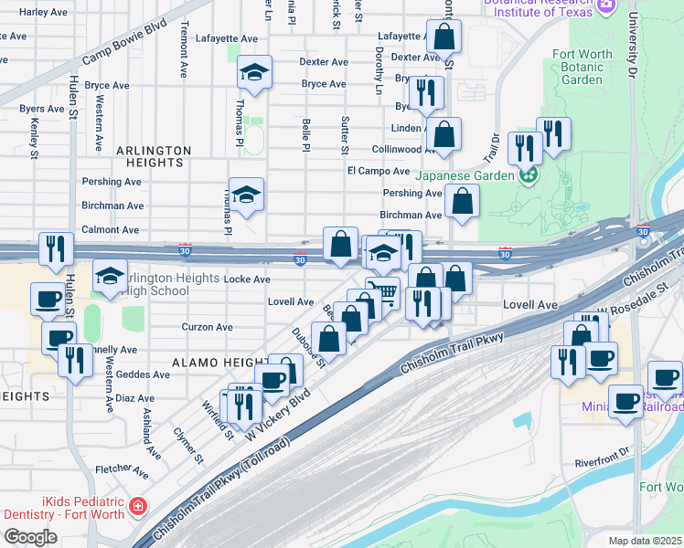 map of restaurants, bars, coffee shops, grocery stores, and more near 3909 Locke Avenue in Fort Worth