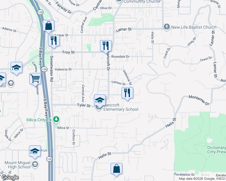 map of restaurants, bars, coffee shops, grocery stores, and more near 9012 Avocado Street in Spring Valley