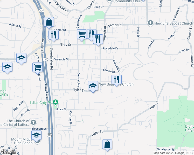 map of restaurants, bars, coffee shops, grocery stores, and more near 8947 Windham Court in Spring Valley