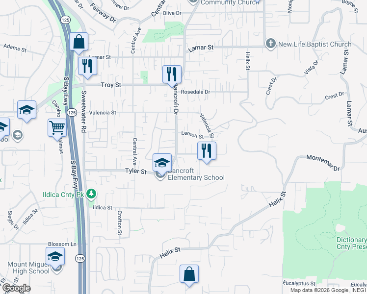 map of restaurants, bars, coffee shops, grocery stores, and more near 9012 Avocado Street in Spring Valley