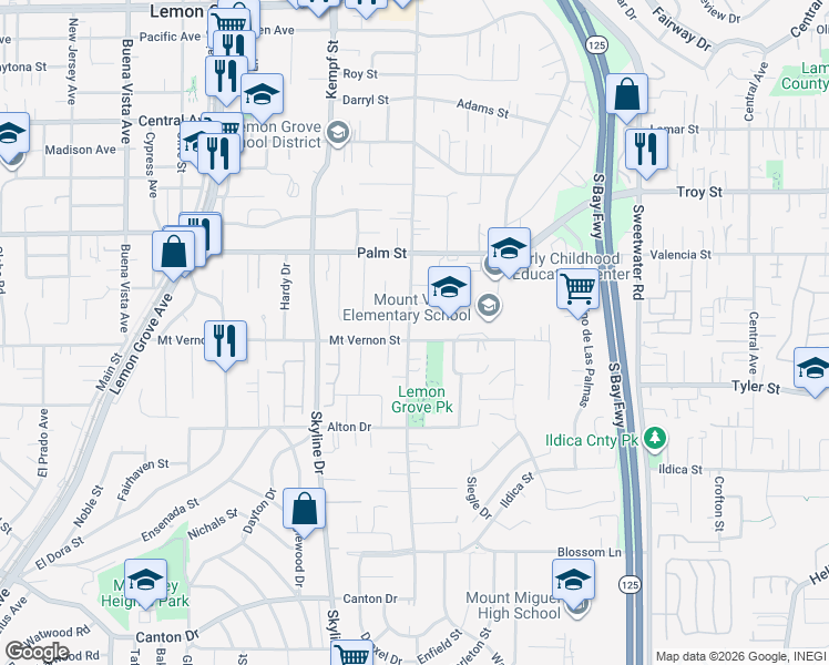 map of restaurants, bars, coffee shops, grocery stores, and more near 8235 Mount Vernon Street in Lemon Grove