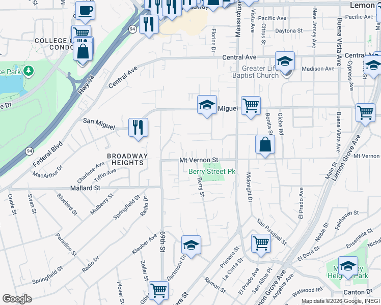map of restaurants, bars, coffee shops, grocery stores, and more near 7041 Mount Vernon Street in Lemon Grove