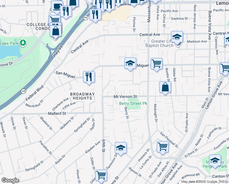 map of restaurants, bars, coffee shops, grocery stores, and more near 6964 Mount Vernon Street in Lemon Grove
