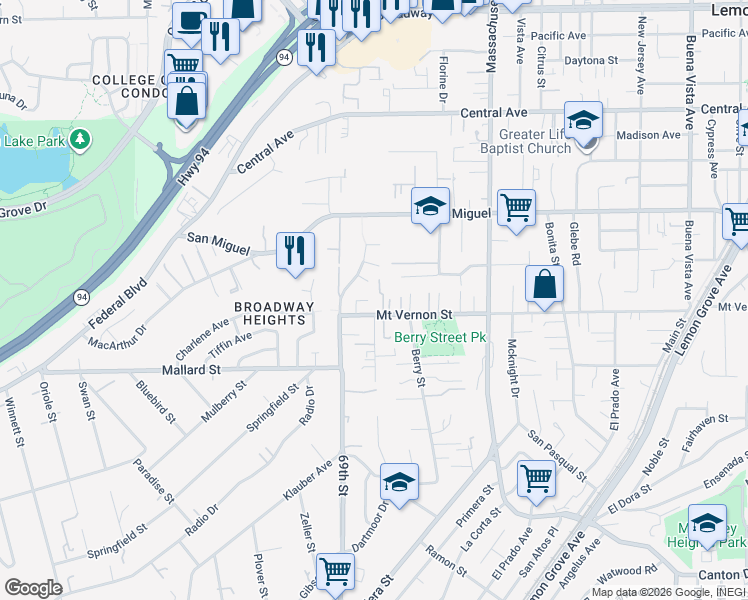 map of restaurants, bars, coffee shops, grocery stores, and more near 6964 Mount Vernon Street in Lemon Grove