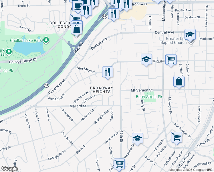 map of restaurants, bars, coffee shops, grocery stores, and more near 6815 Charlene Avenue in San Diego