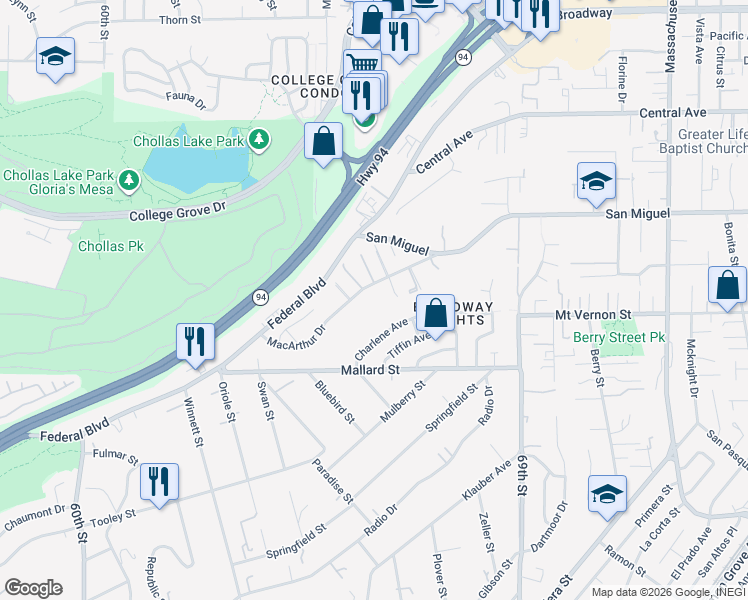 map of restaurants, bars, coffee shops, grocery stores, and more near 6668 Charlene Avenue in San Diego