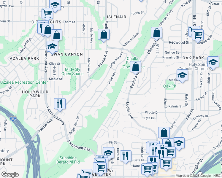 map of restaurants, bars, coffee shops, grocery stores, and more near 4781 Maple Street in San Diego
