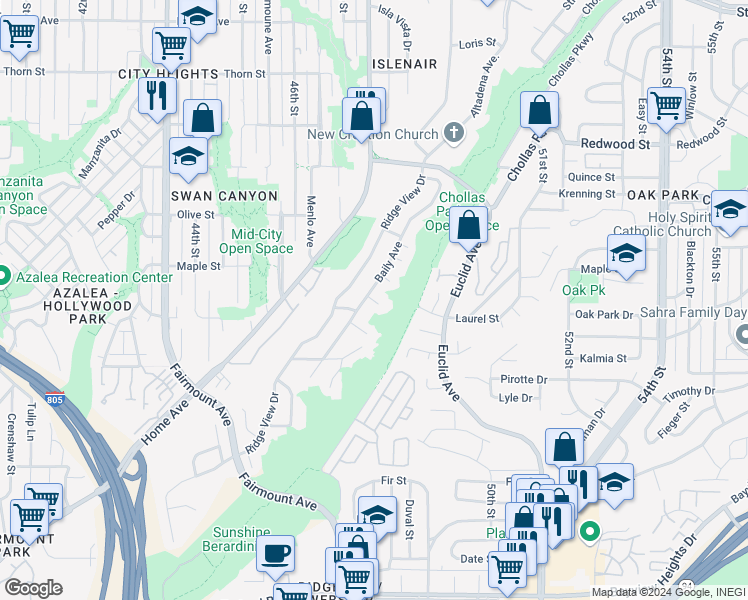 map of restaurants, bars, coffee shops, grocery stores, and more near 4781 Maple Street in San Diego