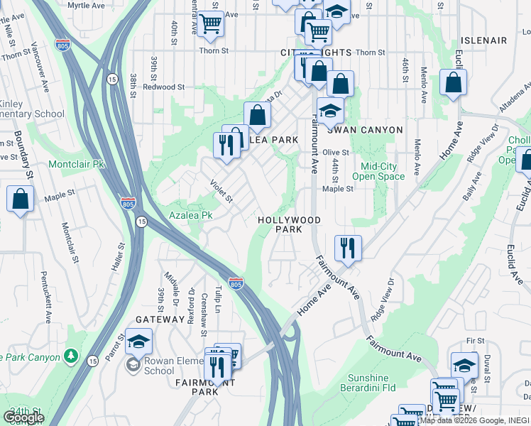 map of restaurants, bars, coffee shops, grocery stores, and more near 2426 Sumac Drive in San Diego