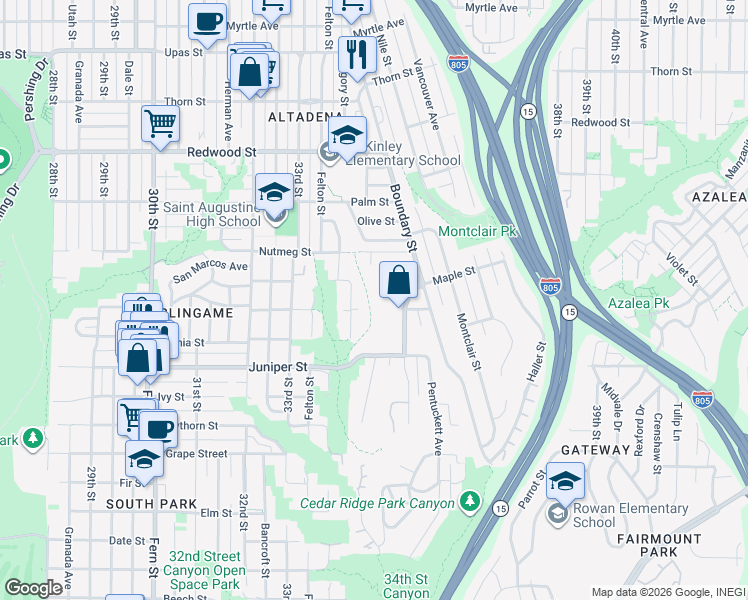 map of restaurants, bars, coffee shops, grocery stores, and more near 2453 34th Street in San Diego