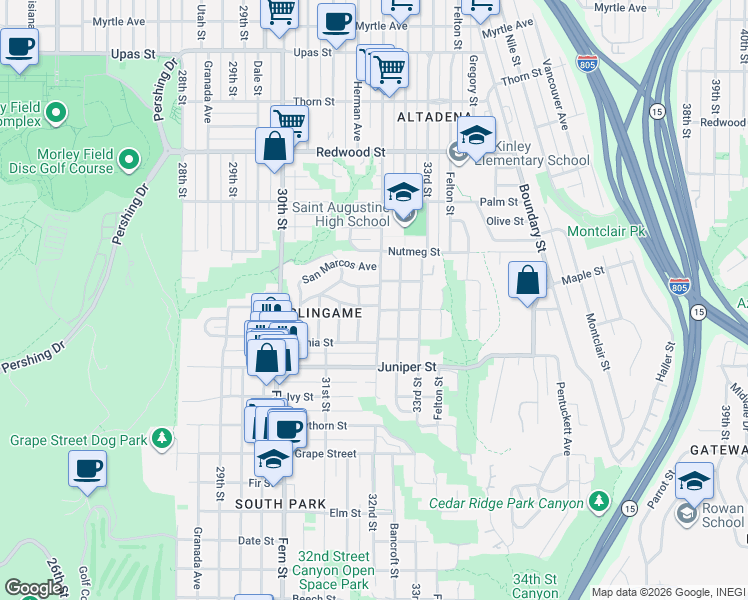 map of restaurants, bars, coffee shops, grocery stores, and more near 2441 Pamo Avenue in San Diego