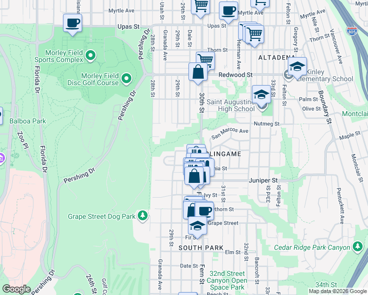 map of restaurants, bars, coffee shops, grocery stores, and more near 2959 Laurel Street in San Diego