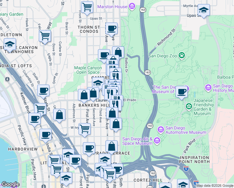 map of restaurants, bars, coffee shops, grocery stores, and more near 2500 Fifth Avenue in San Diego