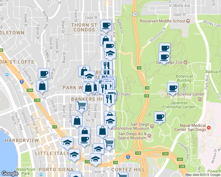 map of restaurants, bars, coffee shops, grocery stores, and more near 2500 Fifth Avenue in San Diego