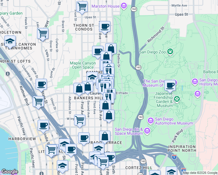 map of restaurants, bars, coffee shops, grocery stores, and more near in San Diego