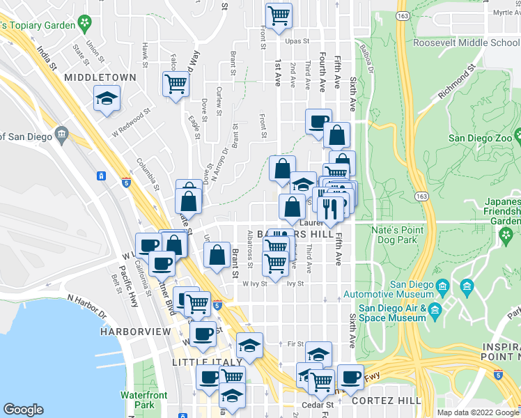 map of restaurants, bars, coffee shops, grocery stores, and more near 2520 Front Street in San Diego