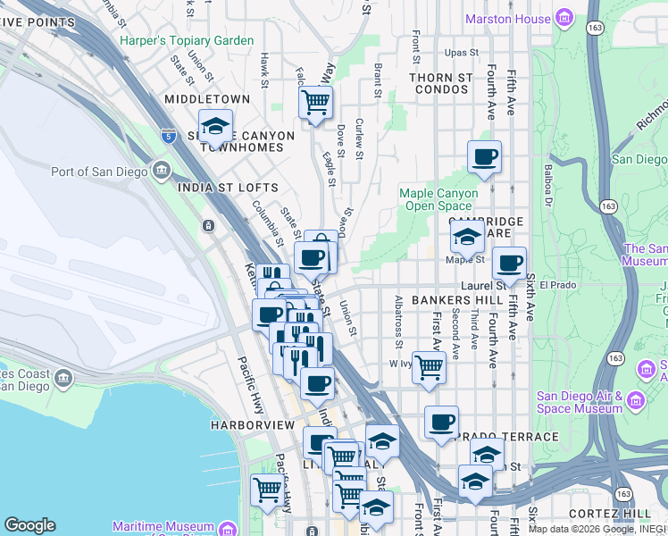 map of restaurants, bars, coffee shops, grocery stores, and more near 2545 1/2 State Street in San Diego