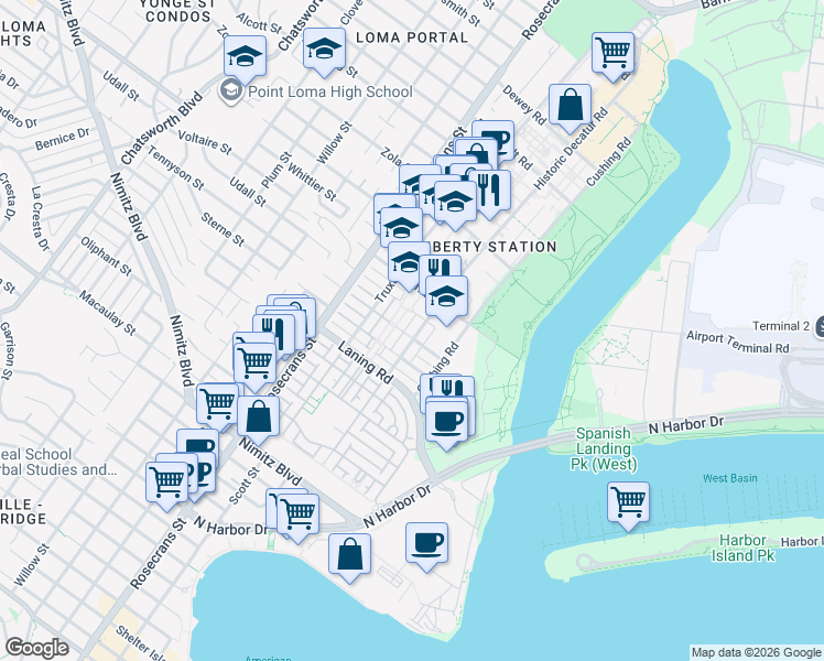 map of restaurants, bars, coffee shops, grocery stores, and more near 2087 Historic Decatur Road in San Diego