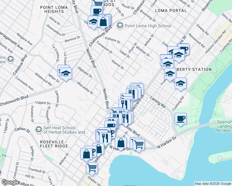 map of restaurants, bars, coffee shops, grocery stores, and more near 3205 Oliphant Street in San Diego