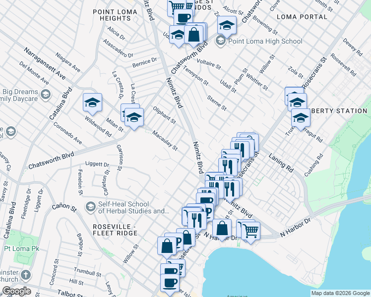 map of restaurants, bars, coffee shops, grocery stores, and more near 3405 Macaulay Street in San Diego