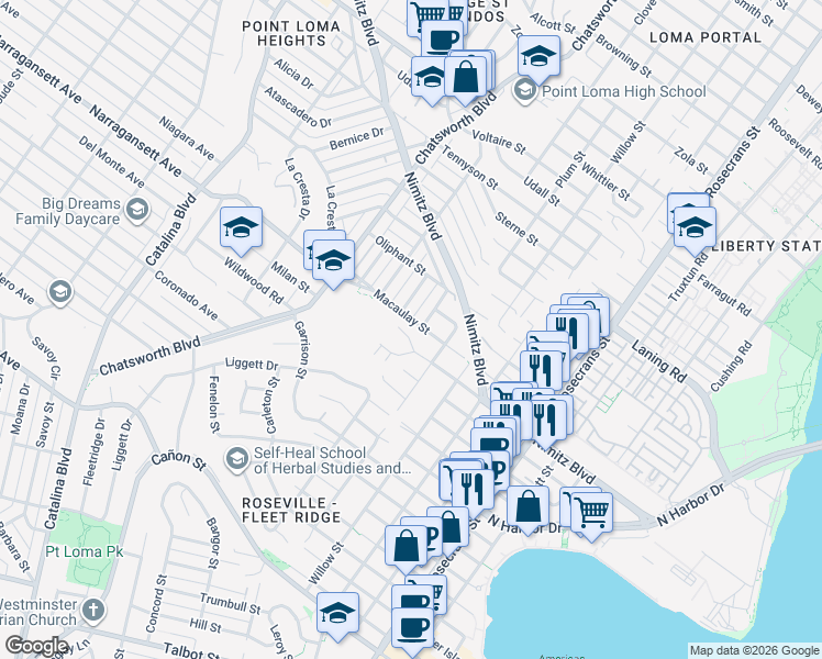 map of restaurants, bars, coffee shops, grocery stores, and more near 3510 Lowell Street in San Diego