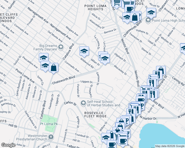 map of restaurants, bars, coffee shops, grocery stores, and more near 1529 Garrison Place in San Diego