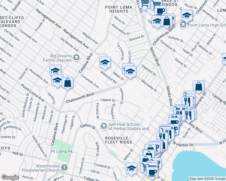 map of restaurants, bars, coffee shops, grocery stores, and more near 1529 Garrison Place in San Diego