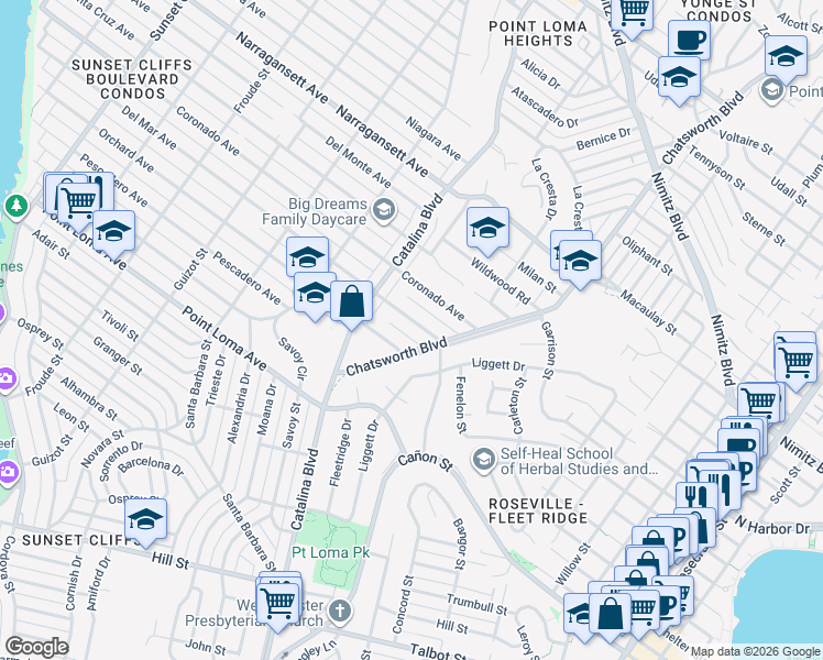 map of restaurants, bars, coffee shops, grocery stores, and more near 1570 Chatsworth Boulevard in San Diego