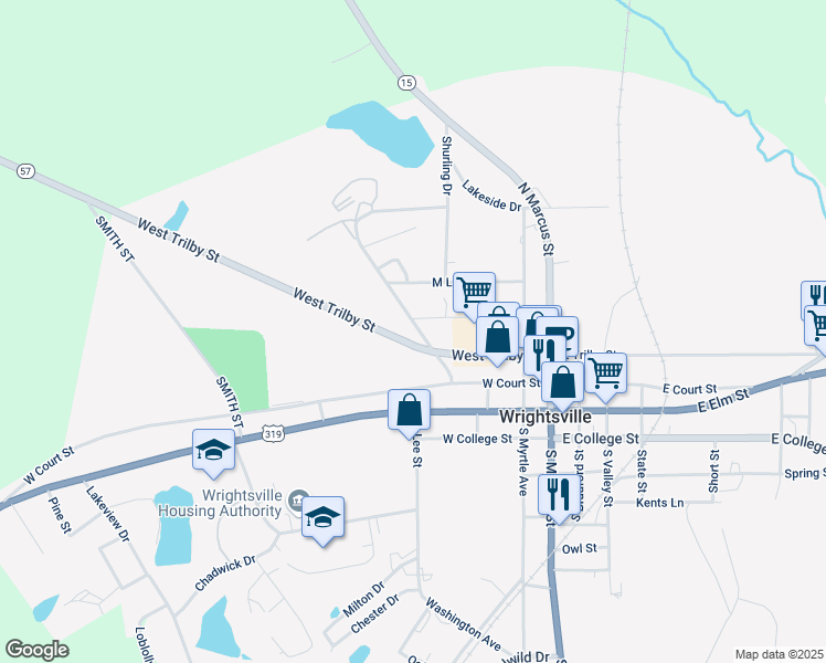 map of restaurants, bars, coffee shops, grocery stores, and more near 304 West Trilby Street in Wrightsville