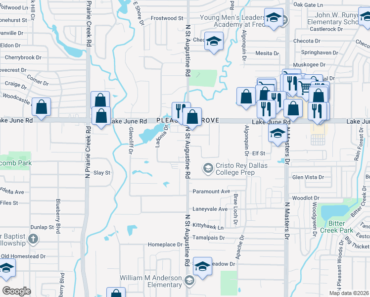 map of restaurants, bars, coffee shops, grocery stores, and more near 1115 North Saint Augustine Drive in Dallas