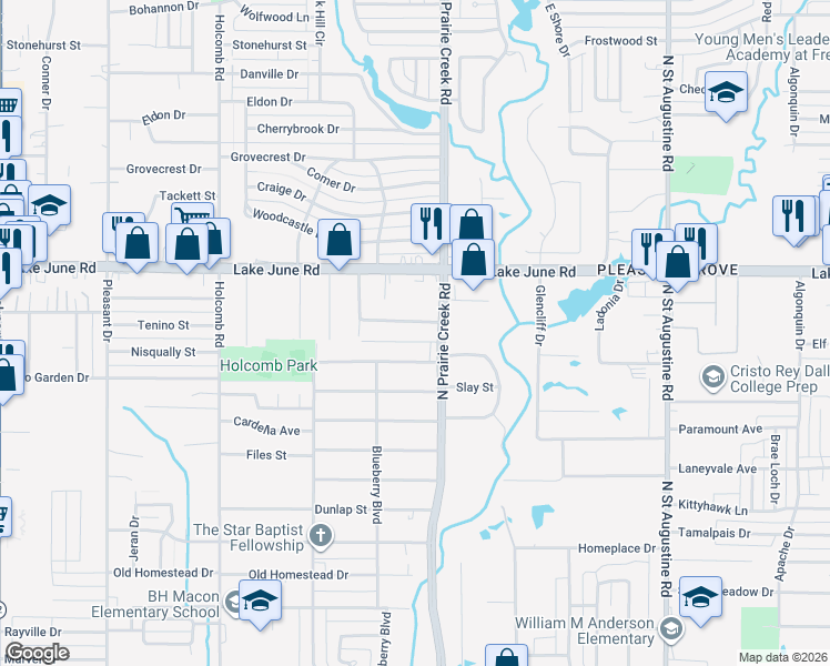 map of restaurants, bars, coffee shops, grocery stores, and more near 1101 North Prairie Creek Road in Dallas