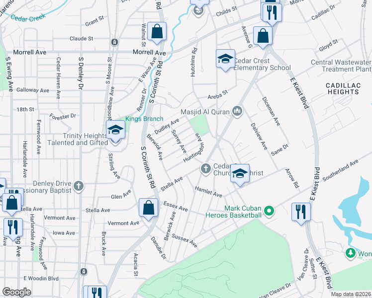 map of restaurants, bars, coffee shops, grocery stores, and more near 1847 Huntingdon Avenue in Dallas
