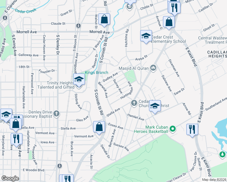 map of restaurants, bars, coffee shops, grocery stores, and more near 1814 Norfolk Avenue in Dallas