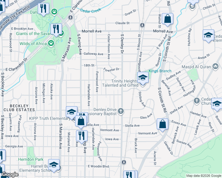 map of restaurants, bars, coffee shops, grocery stores, and more near 1347 Carson Street in Dallas