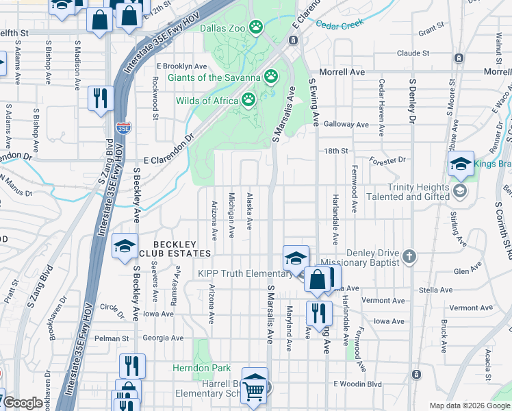 map of restaurants, bars, coffee shops, grocery stores, and more near 1347 Alaska Avenue in Dallas