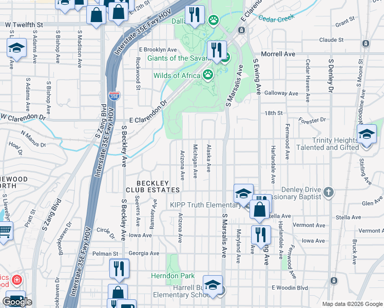 map of restaurants, bars, coffee shops, grocery stores, and more near 1344 Arizona Avenue in Dallas