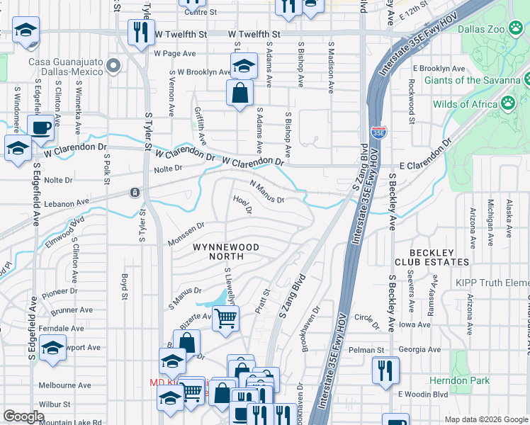 map of restaurants, bars, coffee shops, grocery stores, and more near 448 Monssen Drive in Dallas