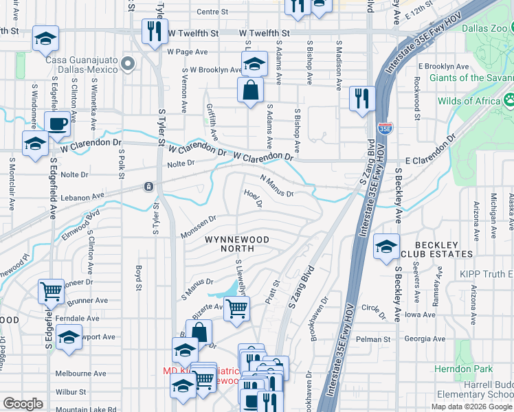 map of restaurants, bars, coffee shops, grocery stores, and more near 448 Monssen Drive in Dallas