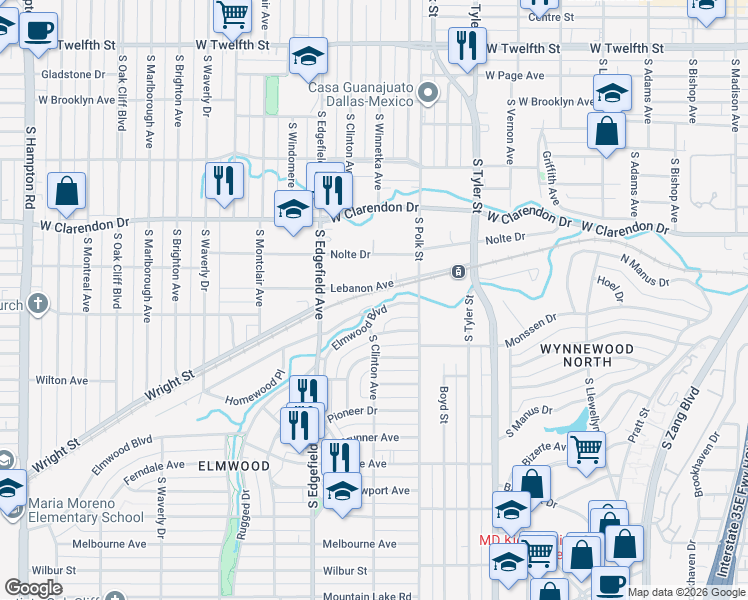 map of restaurants, bars, coffee shops, grocery stores, and more near 1134 Elmwood Boulevard in Dallas