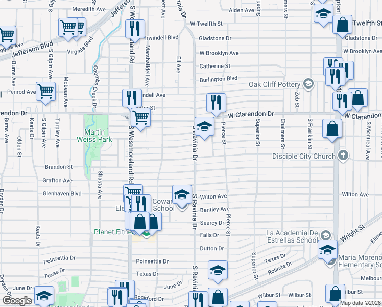 map of restaurants, bars, coffee shops, grocery stores, and more near 2850 Brandon Street in Dallas