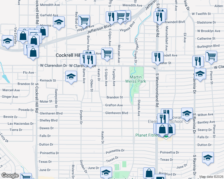 map of restaurants, bars, coffee shops, grocery stores, and more near 3627 Brandon Street in Dallas