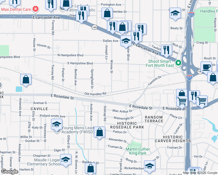 map of restaurants, bars, coffee shops, grocery stores, and more near 1116 South Roselane Street in Fort Worth