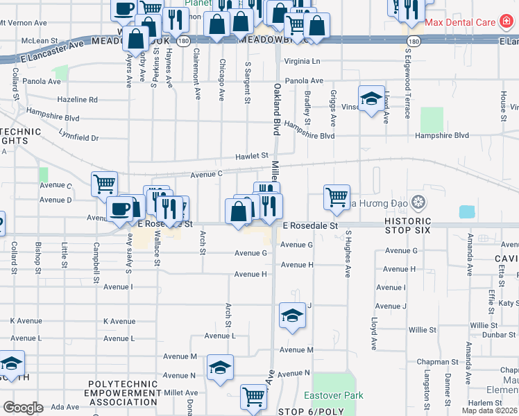 map of restaurants, bars, coffee shops, grocery stores, and more near 4101 East Rosedale Street in Fort Worth
