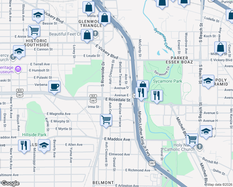 map of restaurants, bars, coffee shops, grocery stores, and more near 2001 East Rosedale Street in Fort Worth