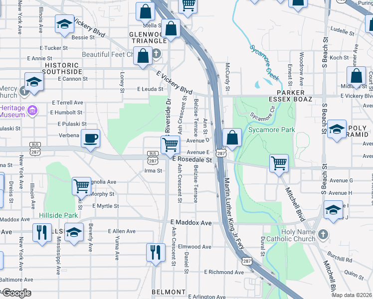 map of restaurants, bars, coffee shops, grocery stores, and more near in Fort Worth