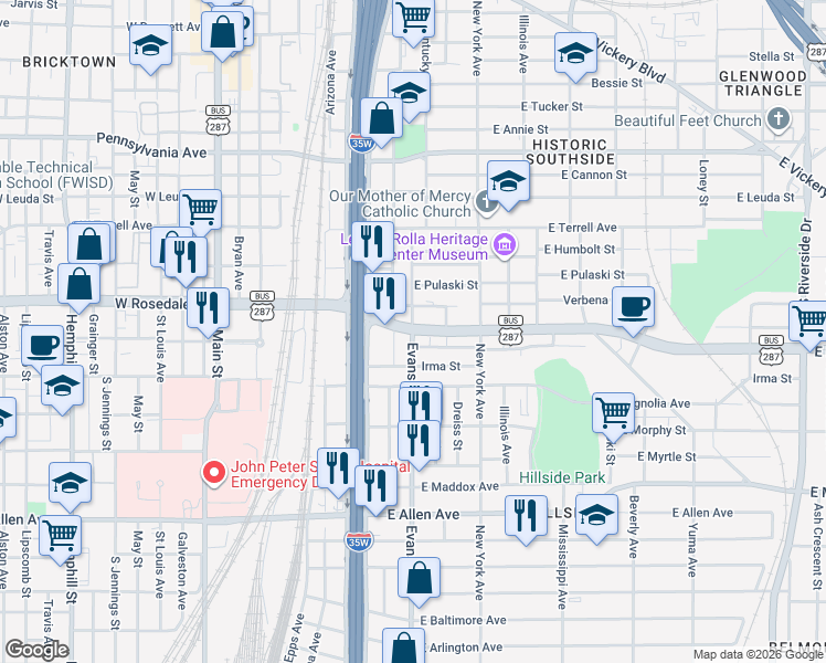map of restaurants, bars, coffee shops, grocery stores, and more near 1200 Evans Avenue in Fort Worth