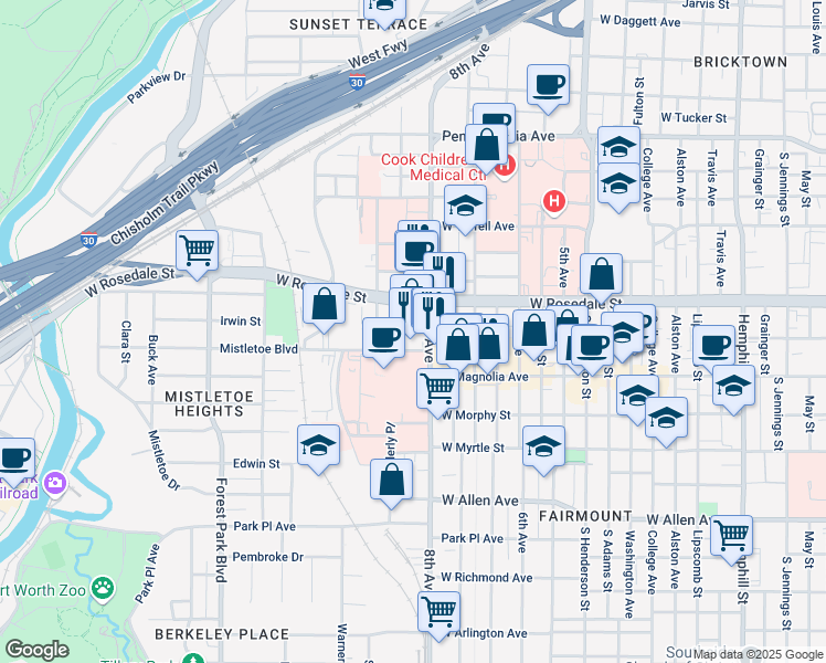 map of restaurants, bars, coffee shops, grocery stores, and more near 1600 Mistletoe Boulevard in Fort Worth
